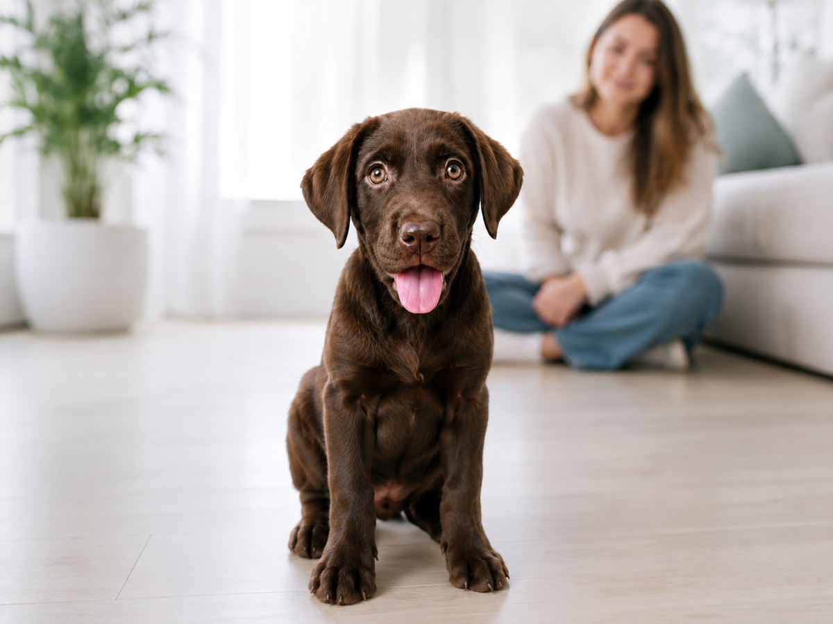 Placeholder for a warm lifestyle photo of a puppy in a clean, bright home with a calm owner nearby